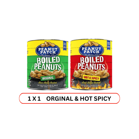 Peanut Patch Boiled Peanuts – Original & Hot & Spicy, 25 oz Cans, 2 Pack | Slow Kettle Cooked Southern Snack