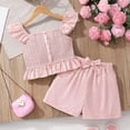 thumbnail image 1 of Huowey Girls Summer Outfit Solid Color Smocked Ruffles Sleeveless Square Collar Tan Top Elastic Waist Cute Bow Shorts Two Piece Cozy Breathable Spring Travel Clothes Tracksuit,Pink,11-12 Years, 1 of 8