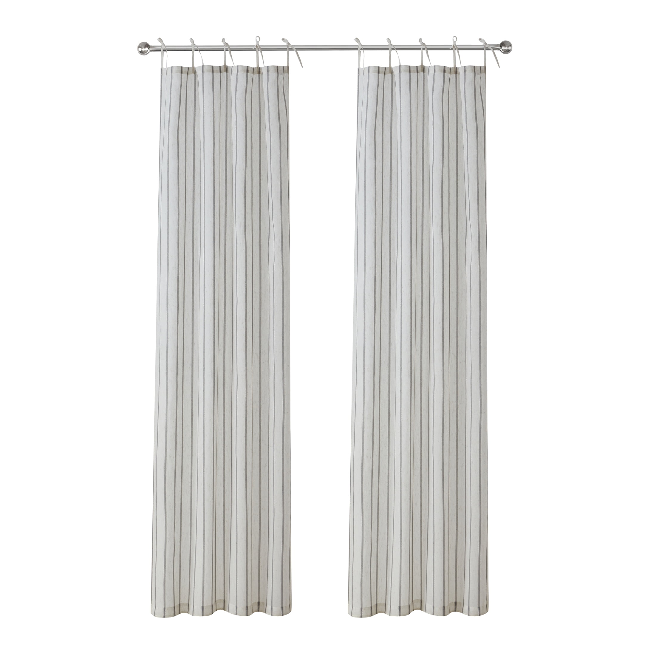 My Texas House Emerson Linen Stripe Light Filtering Tie Top Curtain Panel Pair, Grey, 76" x 95"
