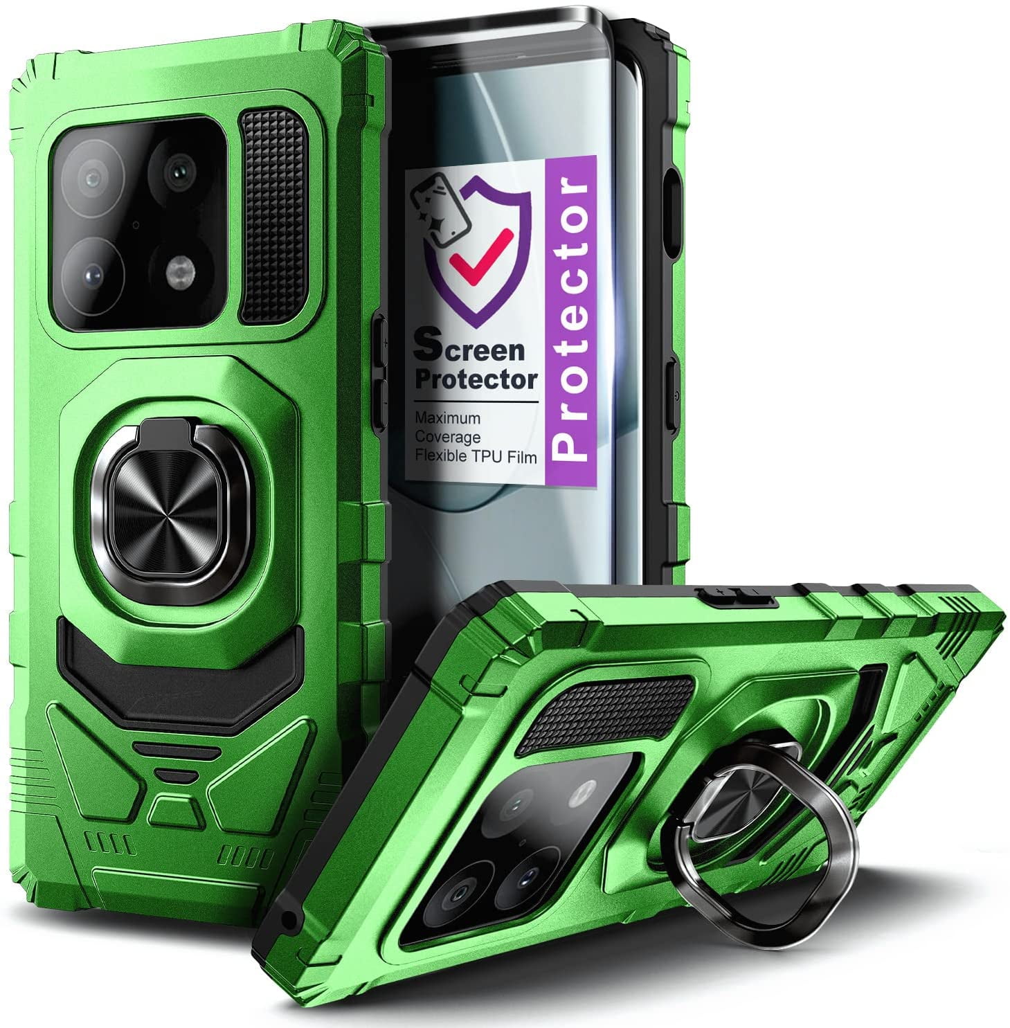 Nagebee Case for OnePlus 10 Pro 5G with Tempered Glass Screen Protector (Full Coverage), Full-Body Protective [Military-Grade], Magnetic Car Mount Ring Holder, Heavy-Duty Durable Case (Green)