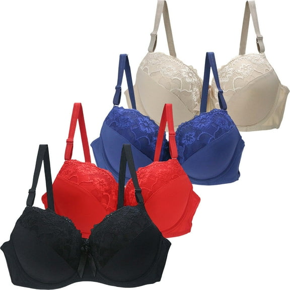 snilers 4 Pcs Bras for Women V Neck Adjustable Straps Everyday Bras Full Coverages Bra Fashioh Solid Bralettes Multiple Pack
