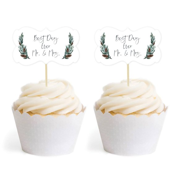 Koyal Wholesale Winter Snowy Woodland Forest Watercolor, Cupcake Topper DIY, Fancy Frame Shape, Mr. & Mrs., 18-Pack