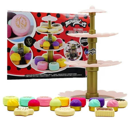Miraculous Ladybug - Tom & Sabine Macaron Stand, Pretend Role Play Toy with Cake Stand and Accessories, Toys for Kids with Biscuits, Donut, Macarons and Cupcakes, Wyncor