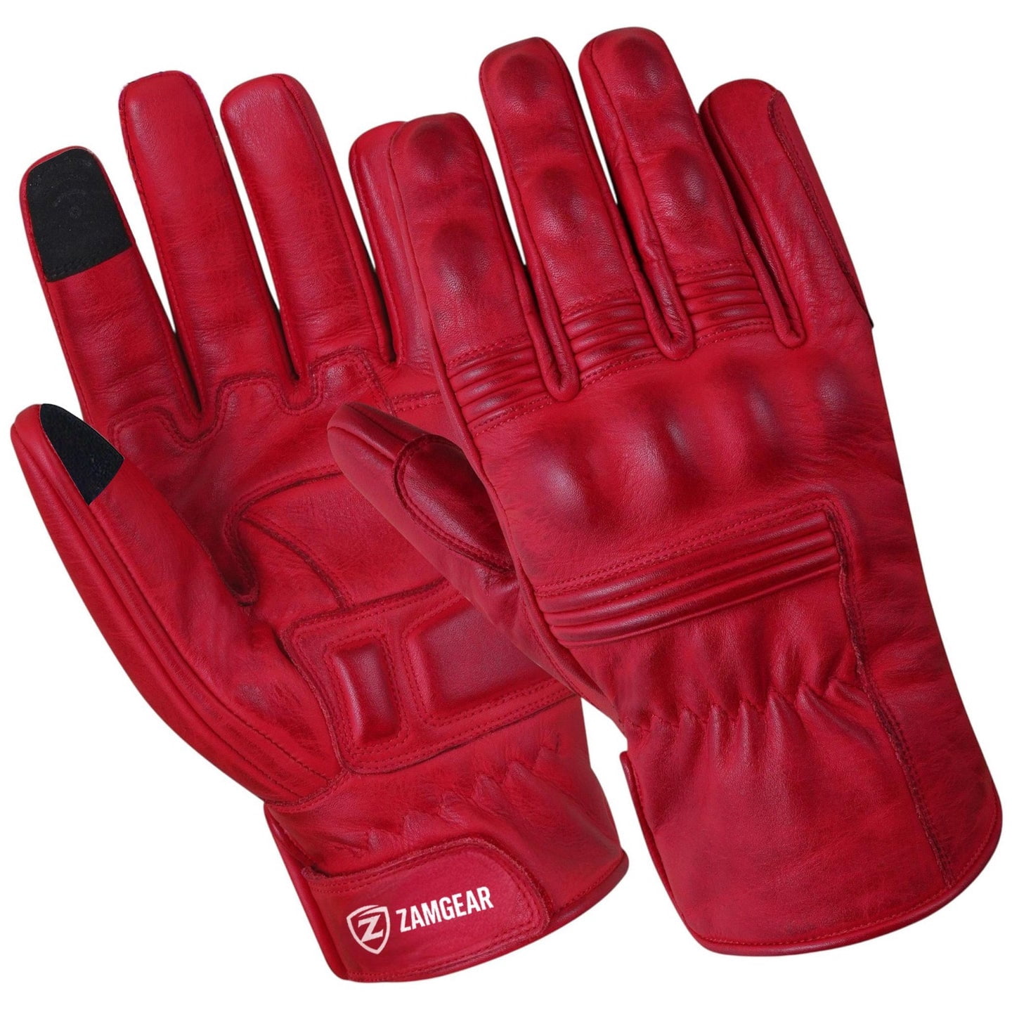 Motorcycle Leather Gloves With Reinforced Knuckles, Full Finger, Touchscreen Finger Tips, Red ZAMGEAR