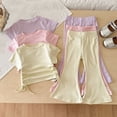 thumbnail image 3 of SONGGE Toddler Girls Summer Outfit Sets Elastic Solid Color O-Neck Short Sleeve Tops With Flared Pants Soft Casual Two Piece Back To School Relaxed Fit Clothes Sets, 3 of 3