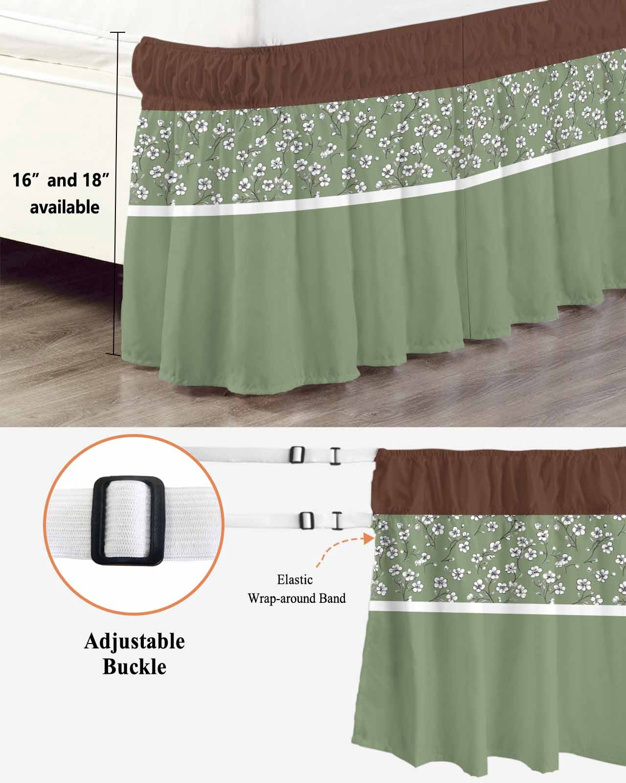 Sage Green Brown Flowers Wrap Around Bed Skirts for King Bed 18" Drop,Bed Skirt with Adjustable Elastic Belt Dust Ruffle Bed Valance for Bedroom Hotel Classic Botanical Art Elegant Bed Frame Cover