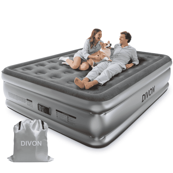 Divon Queen Air Mattress with Built-In Pump, 18-Inch Elevated Inflatable Air Bed, Quick Inflation and Deflation, Portable Blow-Up Bed for Guests, Home and Travel, Gray