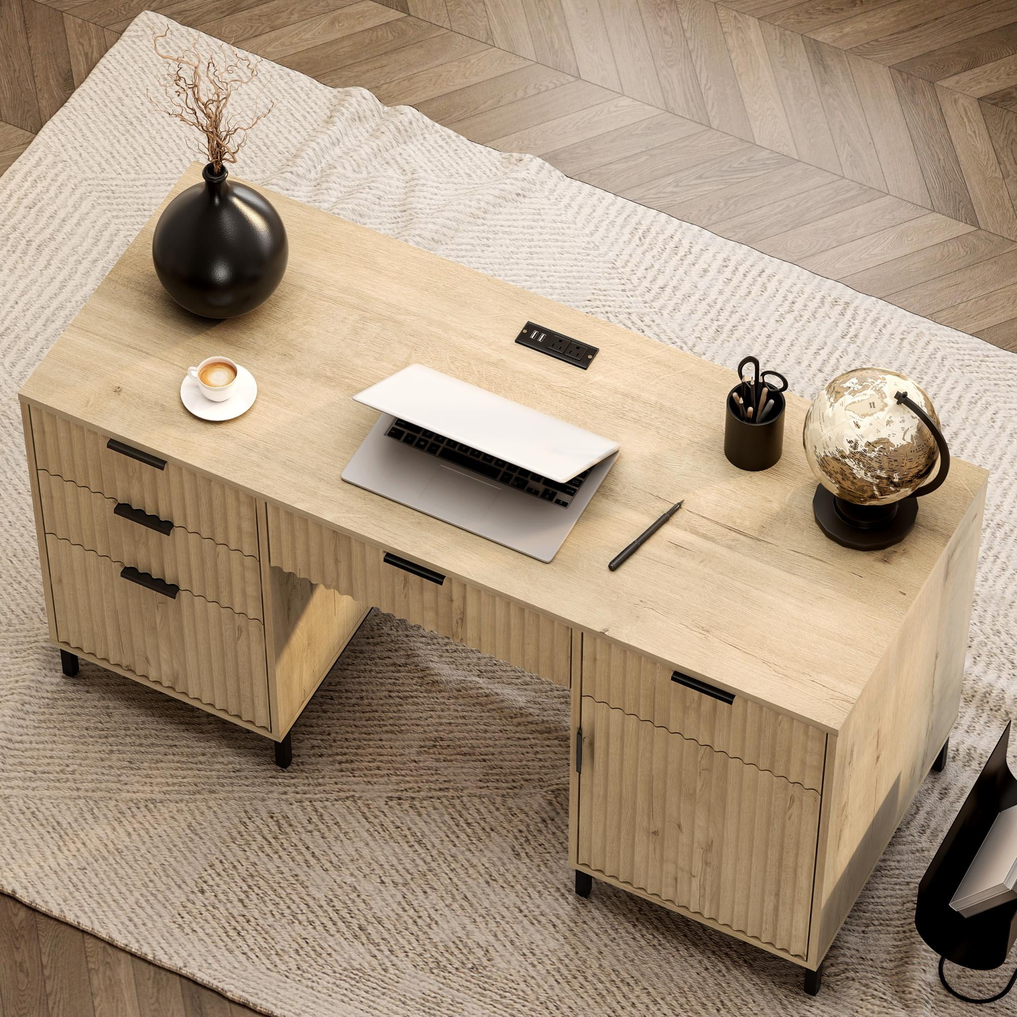 Joyyskill Fluted Executive Desk with File Drawer, 55" Large Computer Desk with Storage and Charging Station, Modern Wooden Home Office Desk Light Oak