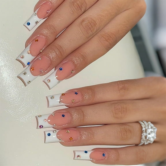 ROZYARD 24pcs Trendy Long Press On Nail Featuring Colorful Rhinestones for Women