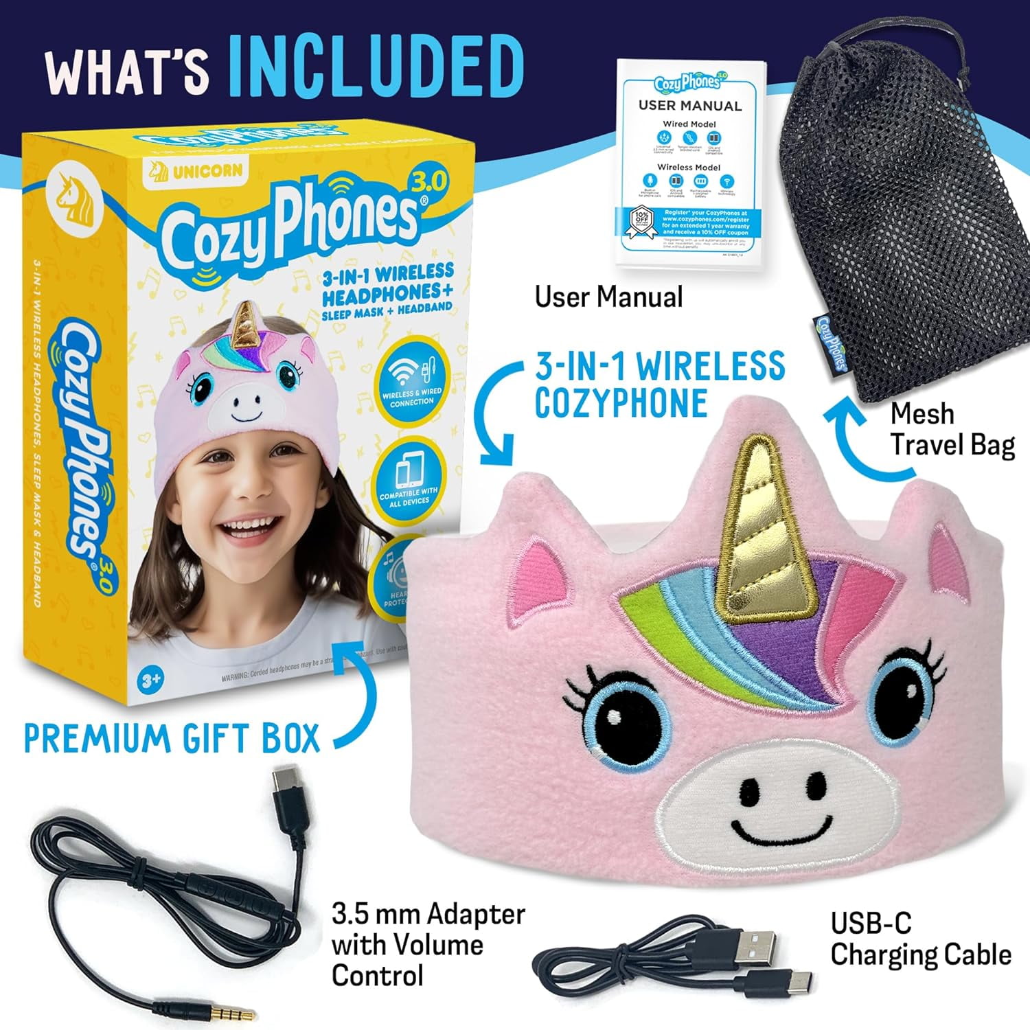 CozyPhones 3.0 Toddler Headphones Wireless and Wired with Volume Limiting, Perfect Toddler Earphones - Includes Wired Option and Travel Bag. Great for Girl or Boy, School, Home and Travel - Unicorn