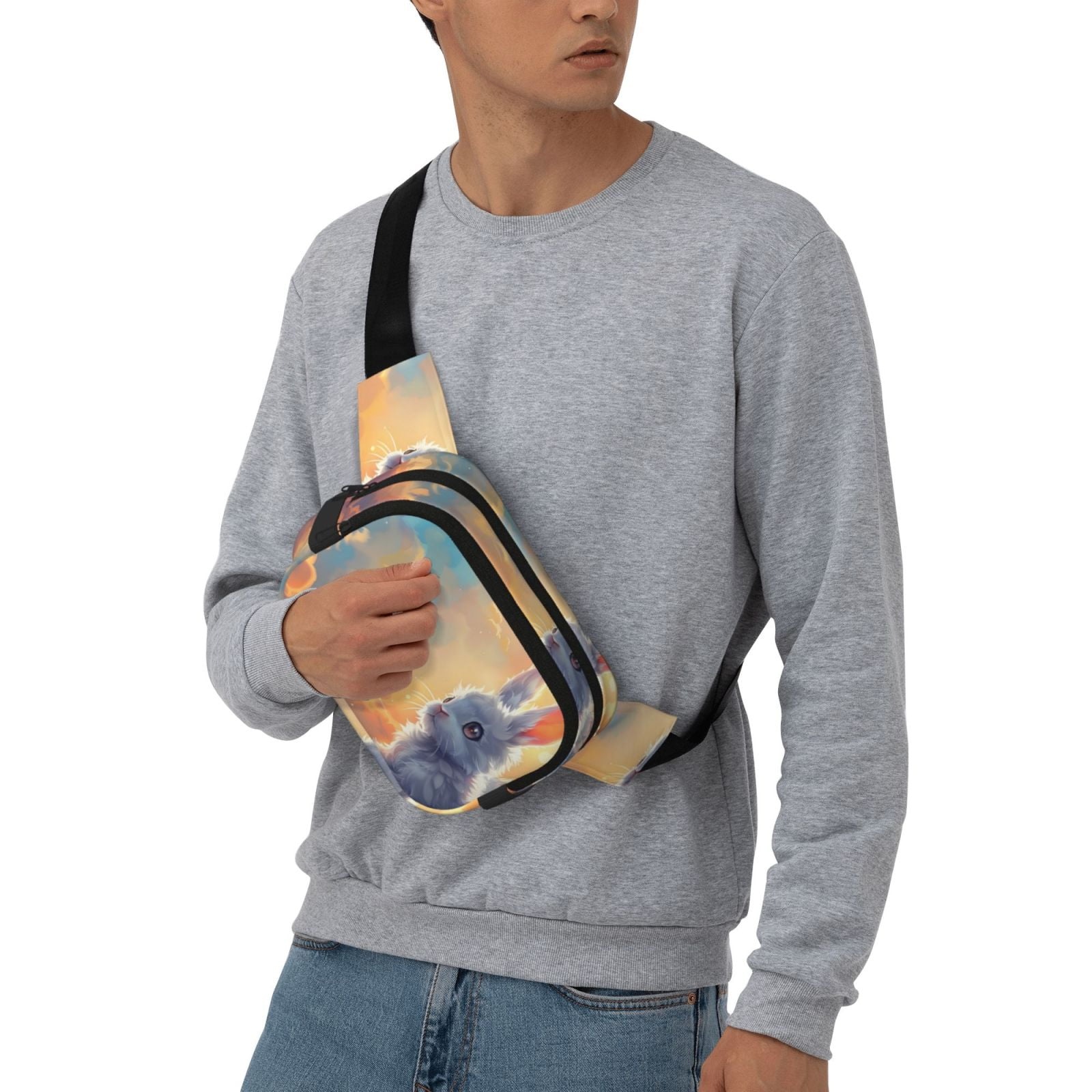 Picia Sunshine Colorful Cloud Rabbit Print Square Double-Layer Waist Bag Mini Adjustable Waist Belt Bag Exercise Running Travel Hiking