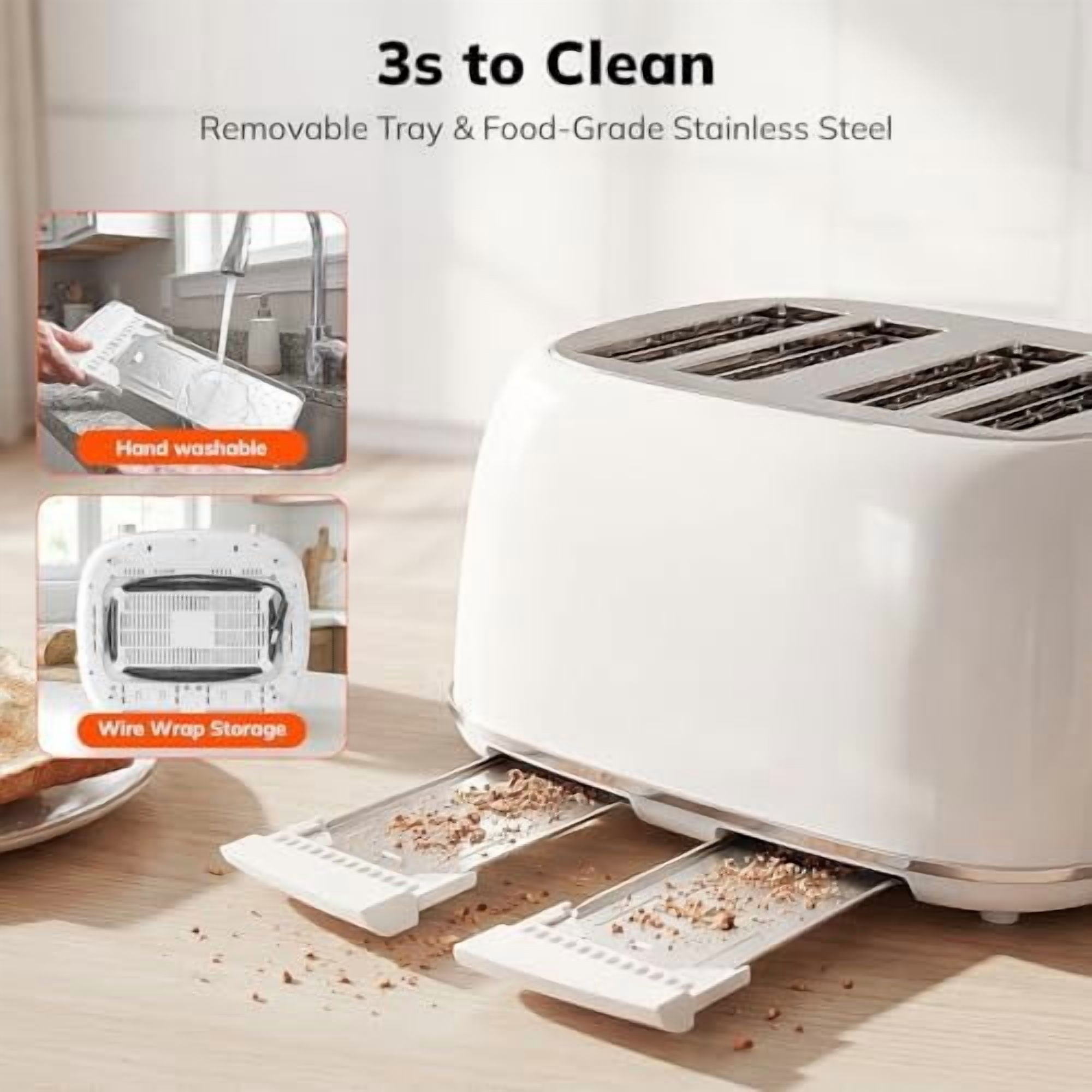 Toaster 4 Slice, Retro Stainless Steel Wide Slot Toaster with Dual Independent Controls, 6 Browning Levels, Bagel, Defrost, Reheat & Cancel, Removable Crumb Tray, White