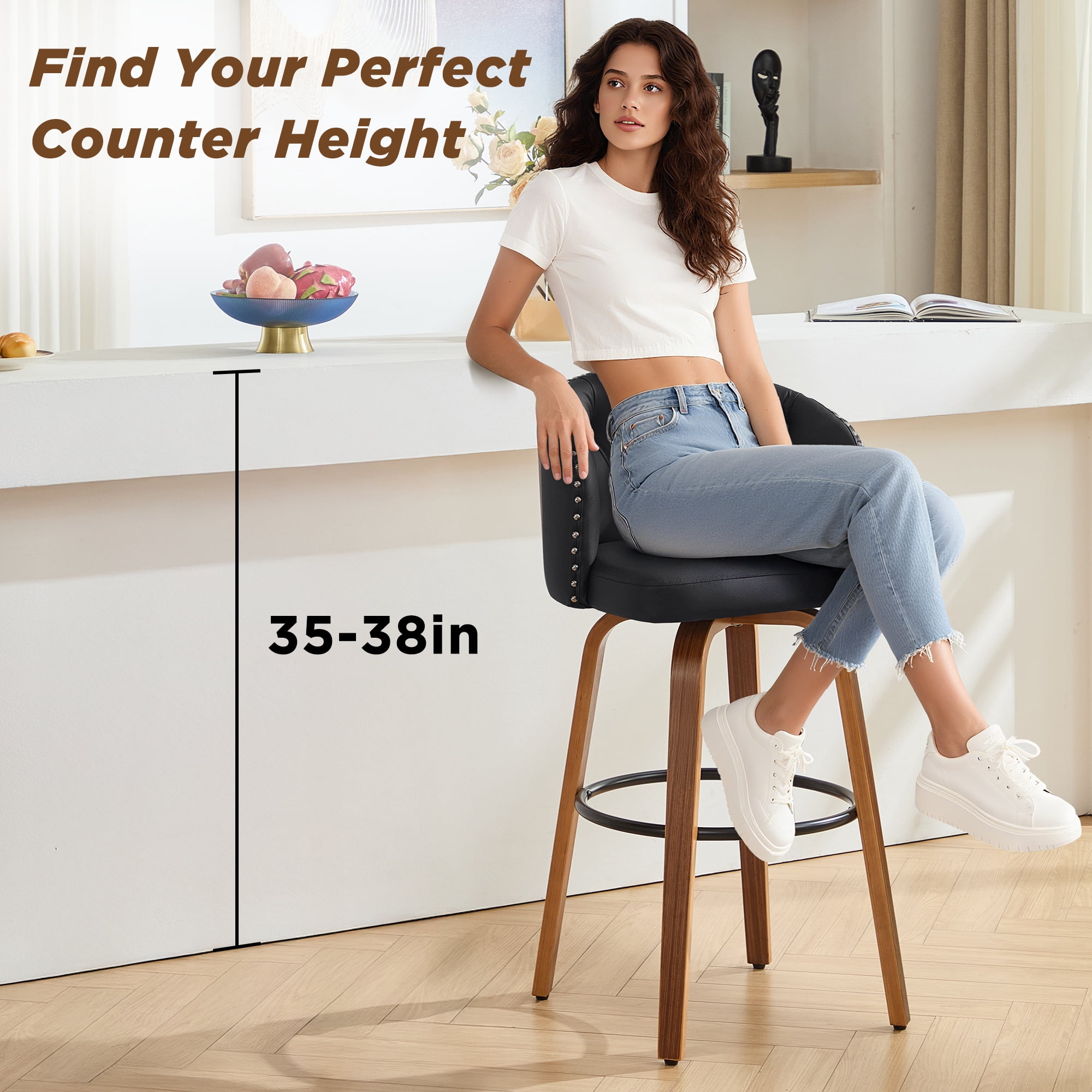 Fahomiss 26" Swivel Counter Height Bar Stools with Back Set of 2, Black Leather Kitchen Stools
