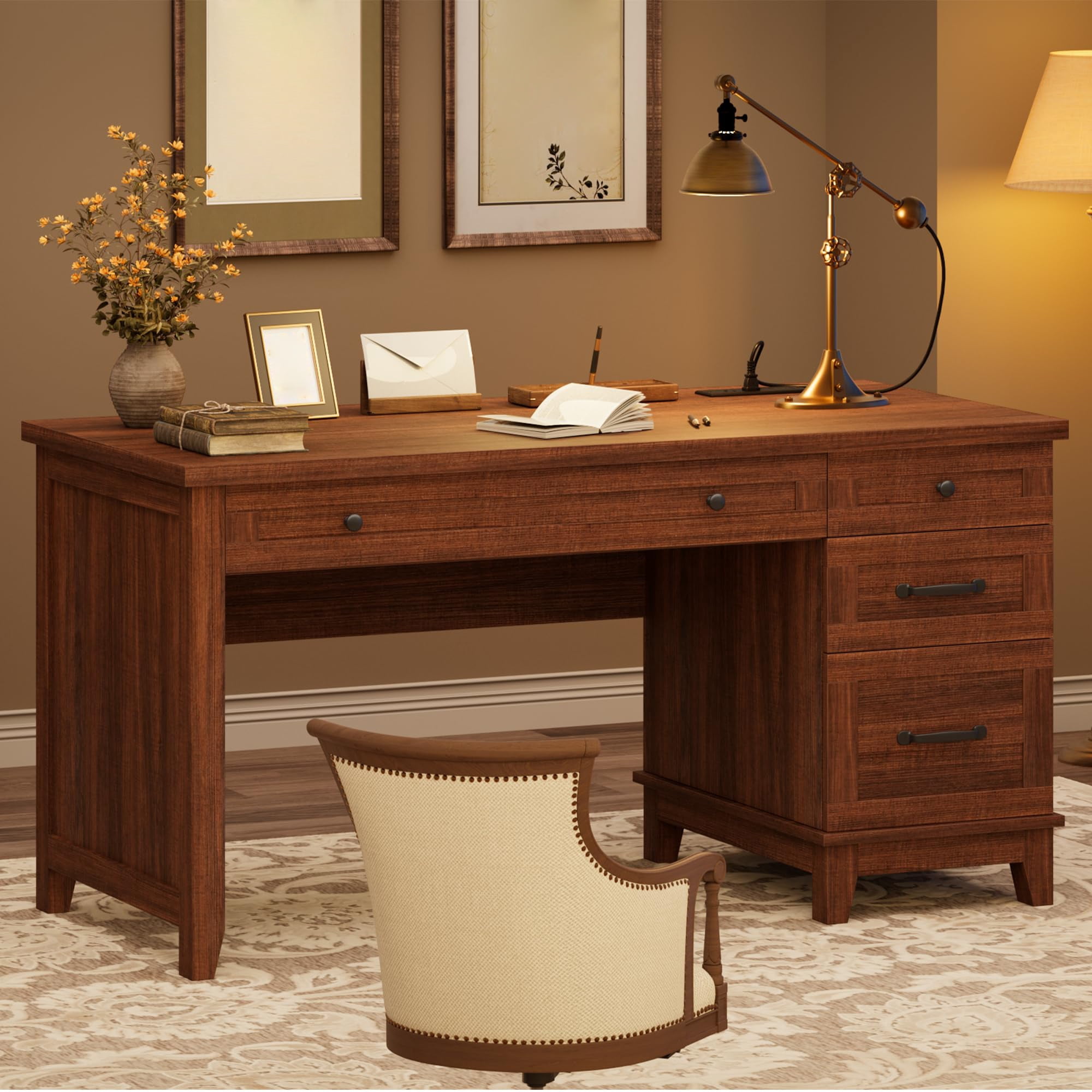 53.5" Executive Desk with 4 Drawers, Farmhouse Home Office Desk with File Cabinet, Wooden Computer Writing Desk for Study, Conference Table, Brown