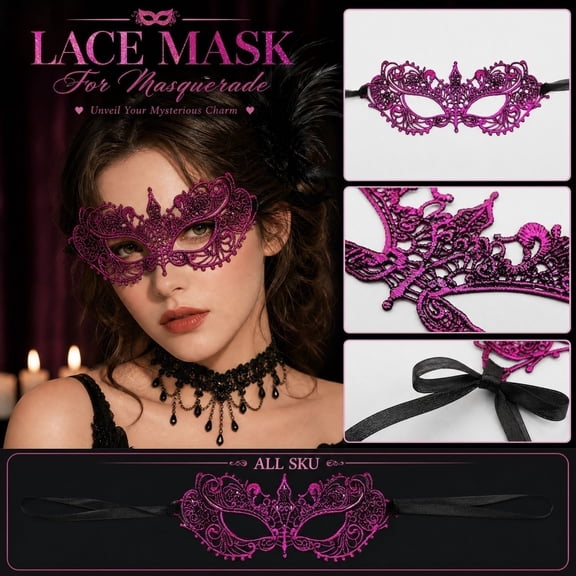 Carnival Party Wear, Masquerade Mask for Women, Vintage Masquerade Masks, Gold Masquerade Mask, Shiny Hot Pink Gold-Stamped Lace Half-Face Masquerade Eye Mask, 9X4.5 In, Built