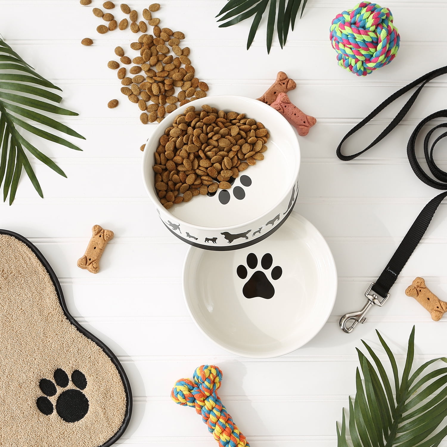Bone Dry Ceramic Dog Bowl Set, Microwave & Dishwasher Safe, Large, 7.5x2.4", Black/White, 2 Count