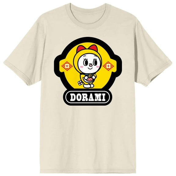 Doraemon Dorami Standing Pose on Yellow circlular frame Dorami Logo on natural Short Sleeve Adult T-Shirt-XL