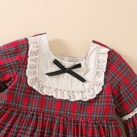 

Cathalem Pocket Swing Dress Xmas Infant Newborn Baby Kids Girls Patchwork Long Sleeve Bowknot Dresses for Girl Party Wedding Dress Red 2-3 Years