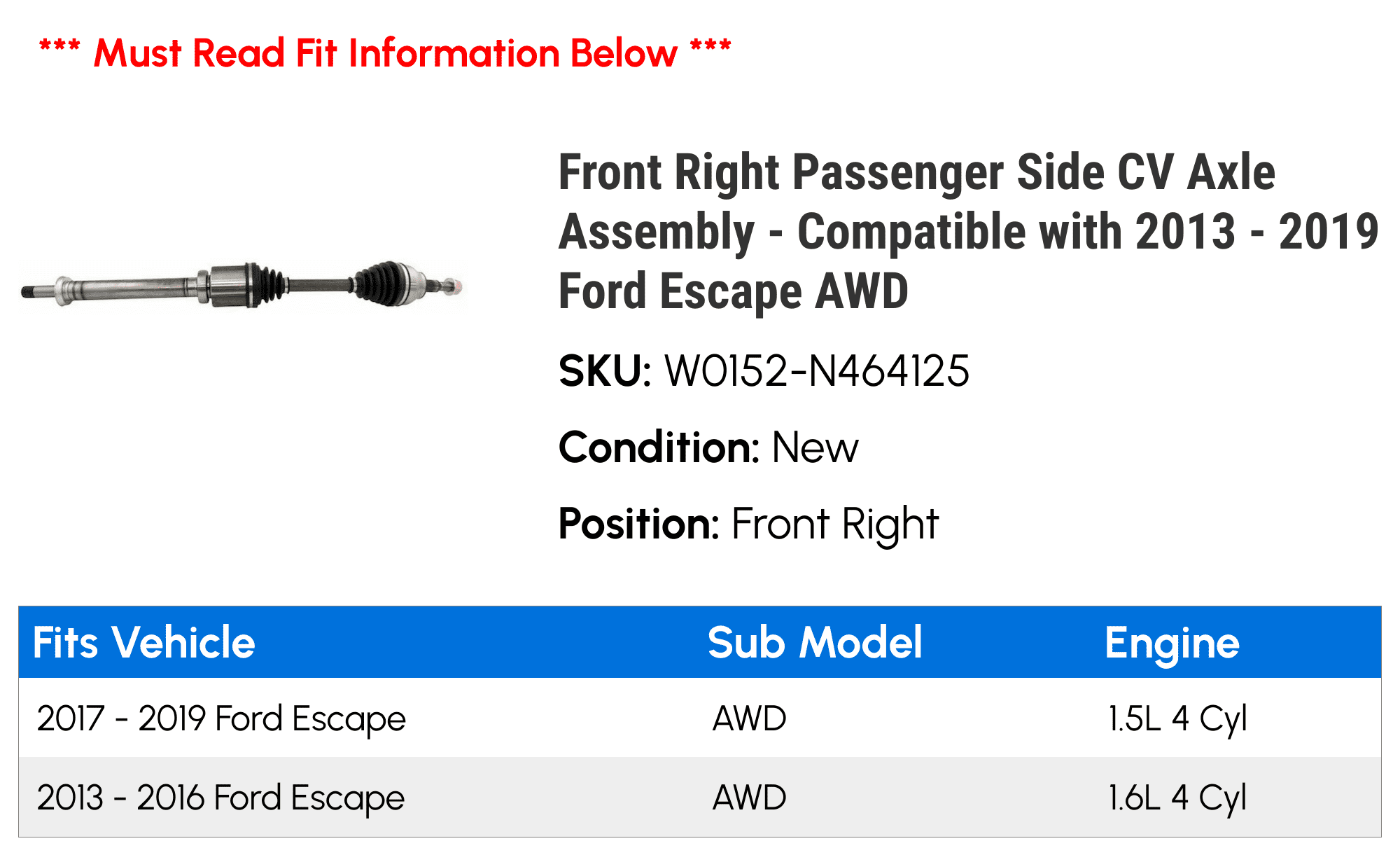Front Right Passenger Side CV Axle Assembly - Compatible with 2013 - 2019 Ford Escape AWD 2014 2015 2016 2017 2018