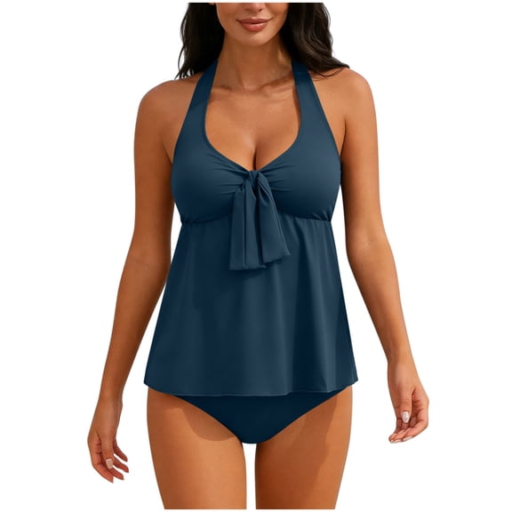 Bosfbaoi 2-Piece Swimsuit for Women Halter Tankini Swimsuit Flowy Bow Front Top Brief Bottom Bathing Suit for Women