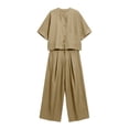 thumbnail image 5 of LEKWK Linen Sets for Women 2 Piece 3/4 Sleeve Button Down Crewneck Tops and Loose Fit Wide Leg Pants Summer Fashion Casual Vacation Outfits, 5 of 5