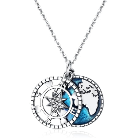 MYSTICPOEM Compass Necklace for Women, World Map Pendant Necklace, Blue Enamel Nautical Travel Jewelry Gift for Travelers, Hikers, Graduation, Birthday