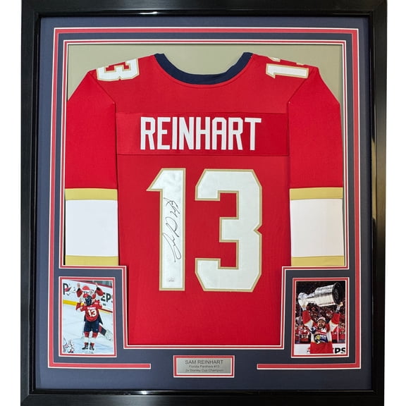Framed Autographed/Signed Sam Reinhart 35x39 Florida Red Hockey Jersey JSA COA