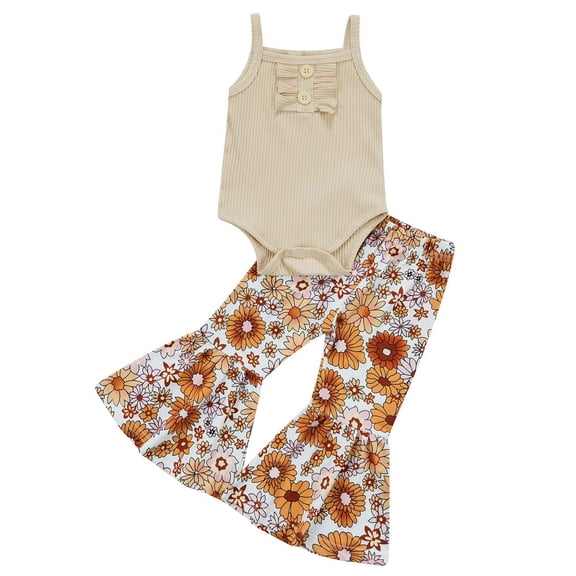 CenturyX Infant Baby Girls Pants Outfits Set Solid Ribbed Romper Floral Flared Long Pants Summer Clothes Apricot 6-9 Months