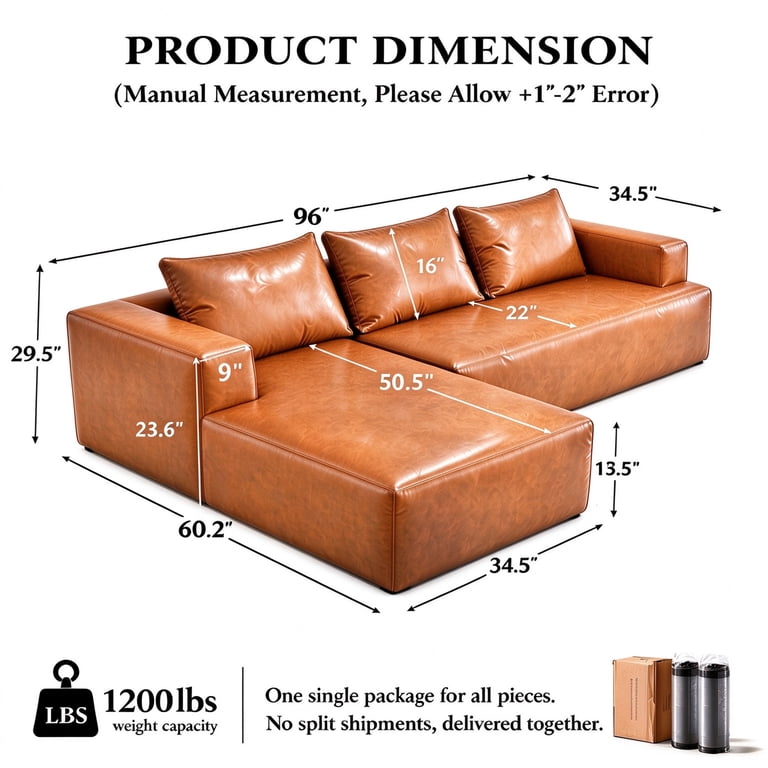 Aukfa 96" Brown Leather Cloud Sectional Sofa, L-Shaped photo 2