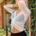 thumbnail image 4 of Top de malla para mujer, manga larga, nudo torcido frontal, informal con capucha, top con transparencias para citas diarias, compras, blanco S, 4 of 8