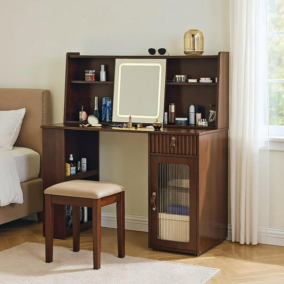 Resenkos Elegant makeup vanity desk with 3 modes Adjustable Lighted Mirror,modern dressing table set with large shelves, drawer and canbinet,Brown