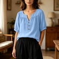 thumbnail image 7 of Hurxie Boho Tops for Women Summer Casual Fitted Puff 3/4 Sleeve Peasant Blouses Fashion Pleated Front V Neck Shirts Blue,M, 7 of 7