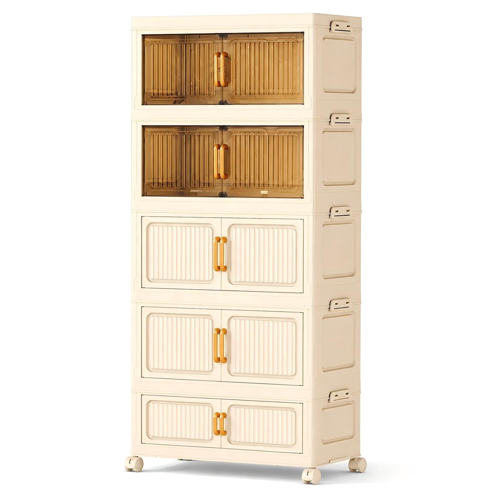 Golyzmt 5-Tier Storage Bins with Wheels, Stackable Storage Cabinet with Front Doors, Rolling Plastic Storage Organizer for Bedroom, Closet, Dorm Room, White