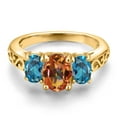 thumbnail image 3 of Gem Stone King 18K Yellow Gold Plated Silver Ecstasy Mystic Topaz and London Blue Topaz Filigree Style 3 Stone Ring for Women (2.70 Cttw, Oval 8X6MM and 6X4MM) (Size 5), 3 of 6