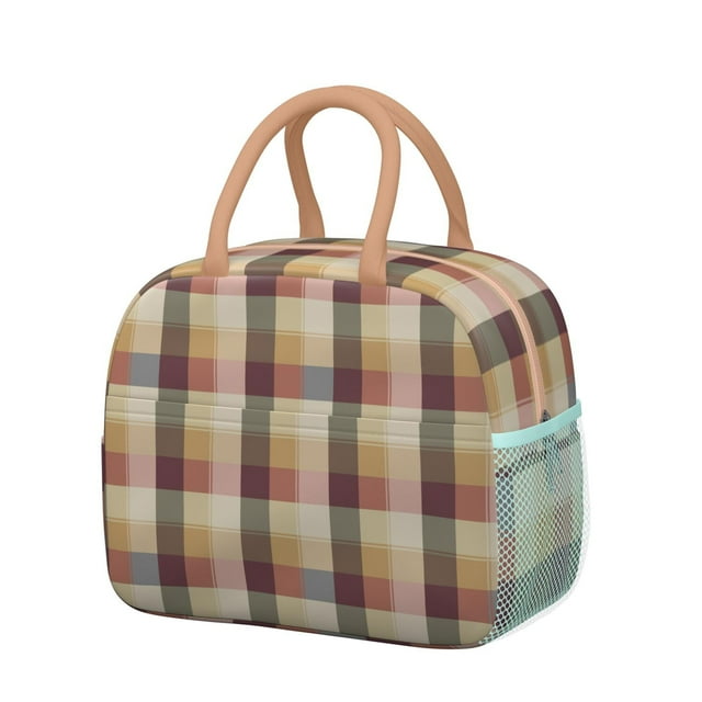 Checkered Pattern Lunch Tote – Retro Plaid Design Portable Insulated Cooler Bag for Office and Picnic