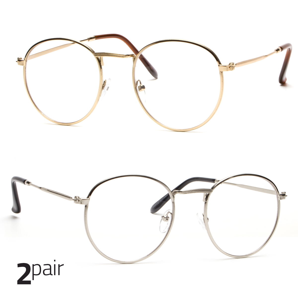 2 Pair Vintage Clear Lens Round Glasses Black Metal Frame Eyeglasses