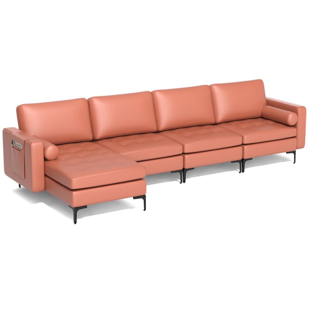 Finihen L-shaped Sectional Sofa Couch, Modular L-shaped 4-Seat Sectional Sofa with Reversible Chaise, for Living Room, Pink Finihen L-shaped Sectional Sofa Couch, Modular L-shaped 4-Seat Sectional Sofa with Reversible Chaise, for Living Room, Pink