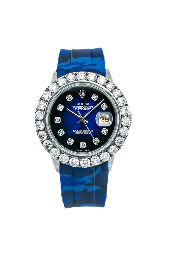 Pre-Owned Rolex Datejust 36MM 16014 Blue Diamond Dial Diamond Bezel Blue Camo Rubber Strap 8ct