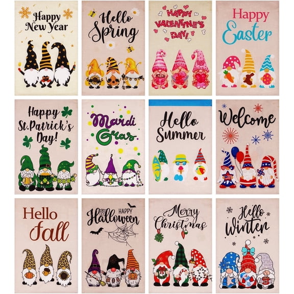 G128 Garden Flags Set of 12 Double Sided 12"x18" Holiday Gnomes Flag Burlap Fabric