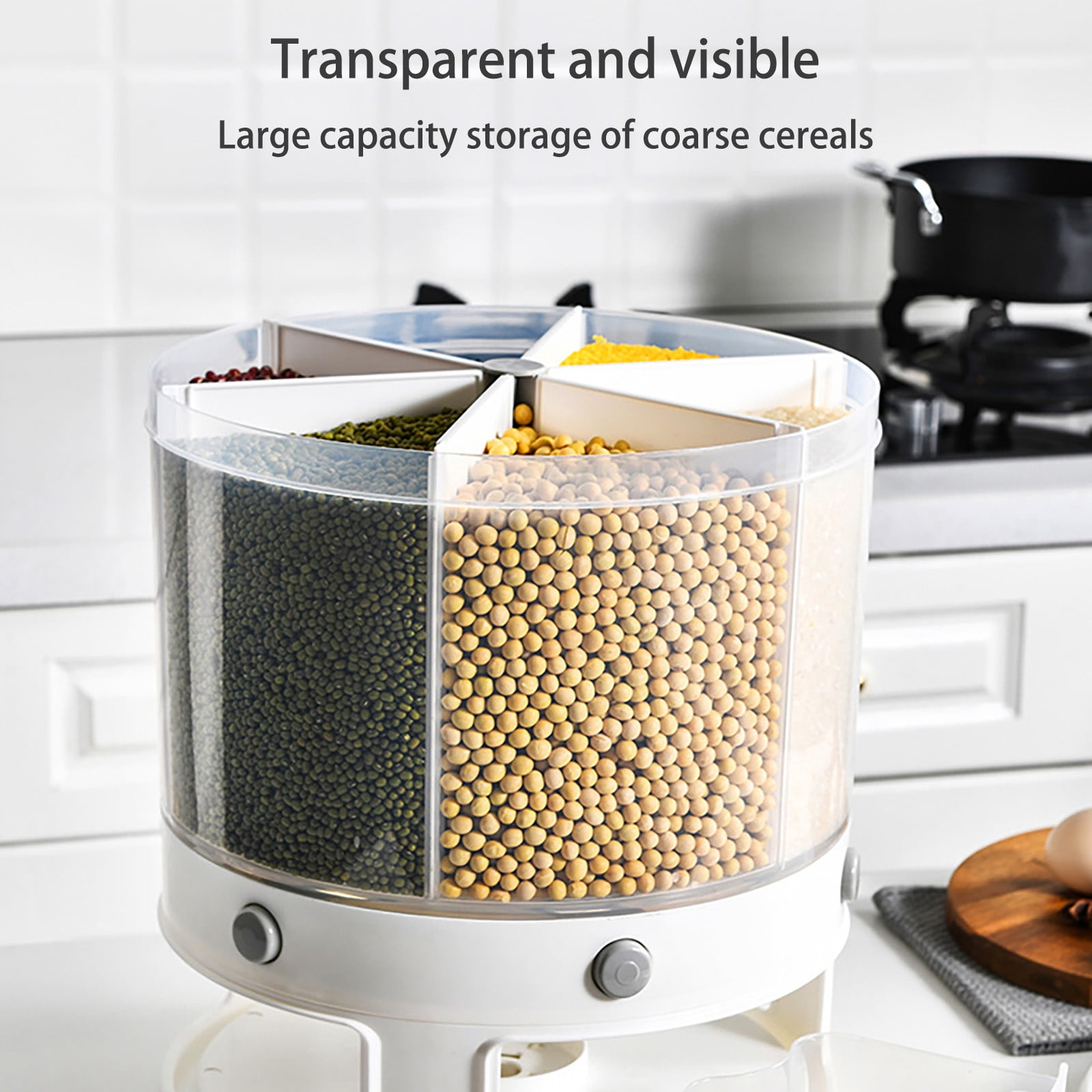 MOQIN Rice and Grain Dispenser, 360° Rotating Food Storage Container, 6-Compartment Dry Food Dispenser with Lid, Airtight Storage for Small Grains,Beans,Rice