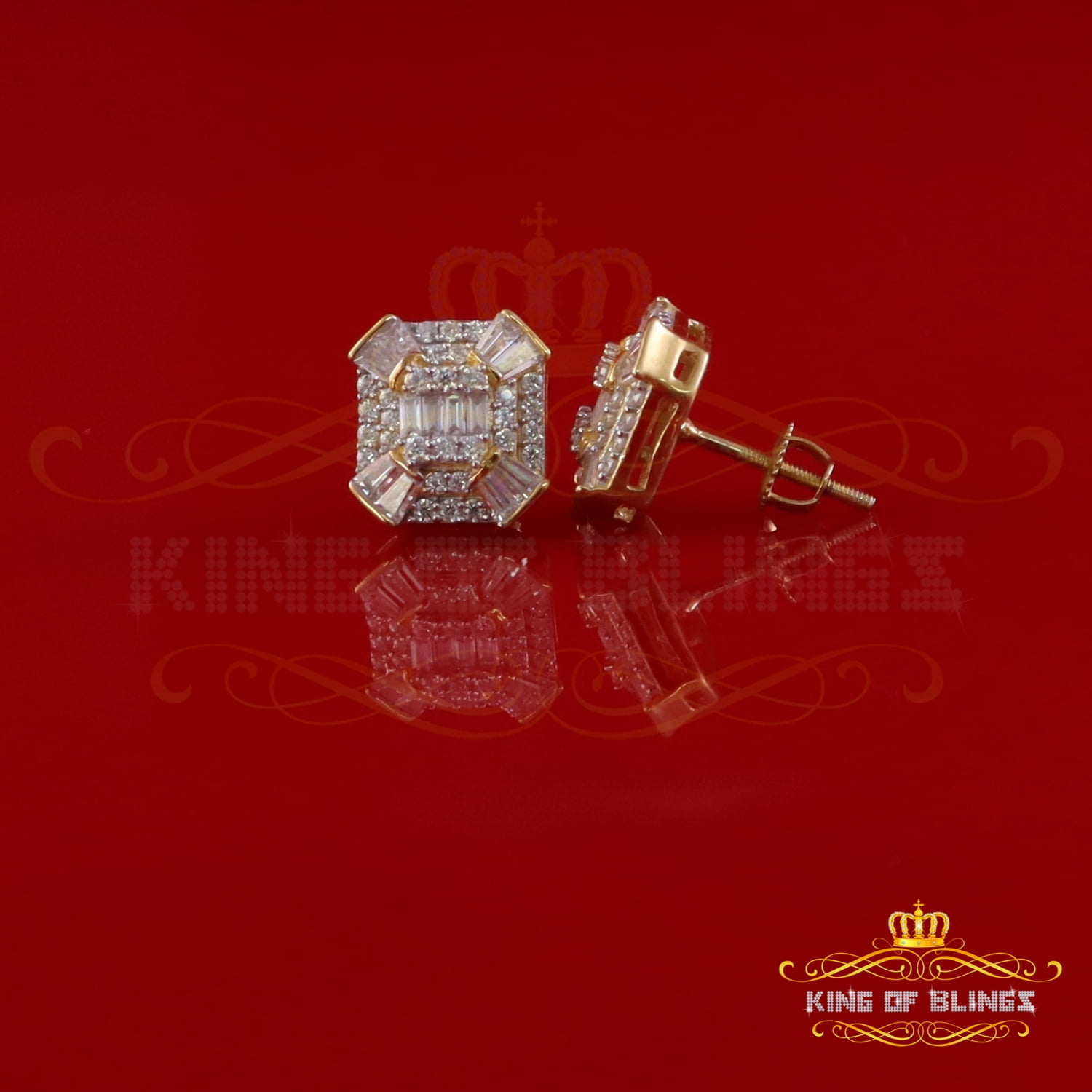 King of Bling's 925 Yellow Silver 1.25ct VVS 'D' Moissanite Rectangle Stud Earring Men's/Womens