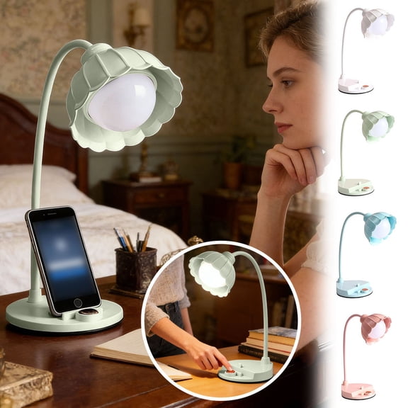 Portable Desk Lamp, Cute Non Glare Dimmable Rechargeable Table Lamp, Flower Theme Indoor Lighting for Living Room Dorm Apartment Studying Reading Family Students Adults