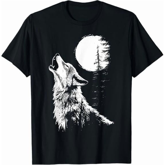 Greenink Graphic Wolf Howling Moon Forest Nature Wildlife Animal T-Shirt Unisex Adults Men Women Crew Neck Short Sleeve Tees