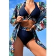 thumbnail image 1 of Women's Navy Blue 3pcs Tropical Contrast Trim Halter Bikini Set with Cove up, 1 of 4