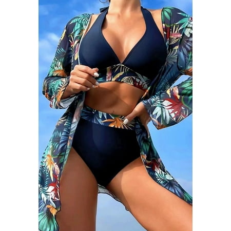 Ahlaray Elegant Navy Blue Bikini Set | 3-Pc Halter Swimsuit | Tropical Trim