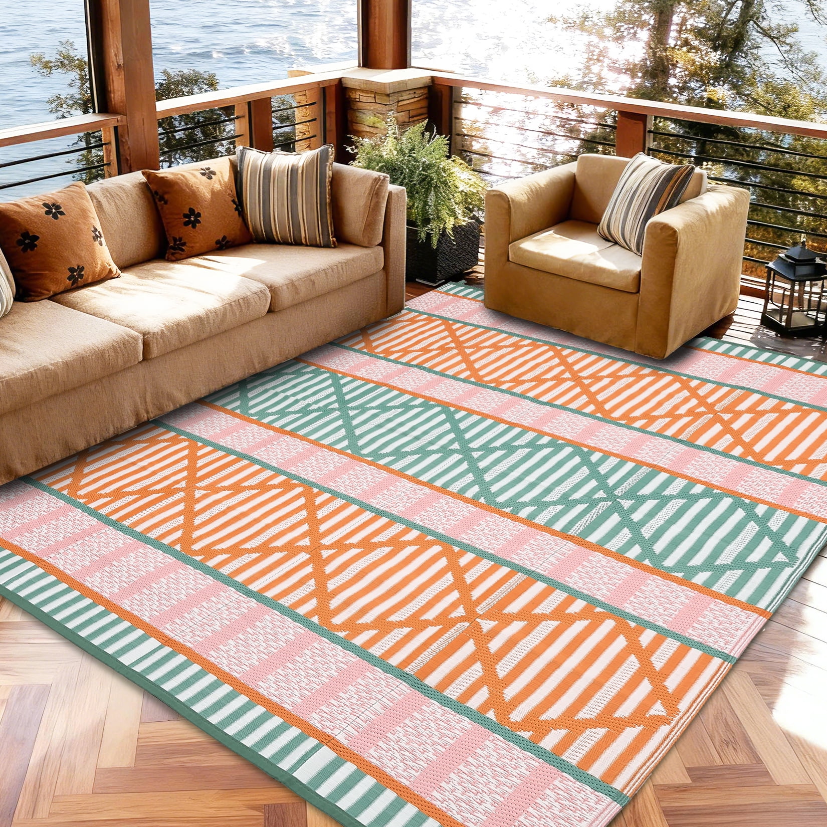 Garvee 8'x10' Outdoor Rug Waterproof Outdoor Patio Rug Mat, Reverisble Plastic Straw Outdoor Rug for RV Camping Picnic Beach Balcony, Colorful
