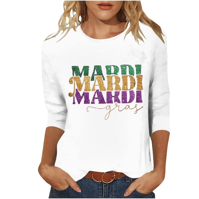 3/4 Manga Tops para las Mujeres Carnaval Impreso Cuello Redondo Blusa Casual, Cómoda Mezcla de Poliéster Spandex para el Hogar Y el Uso Diario