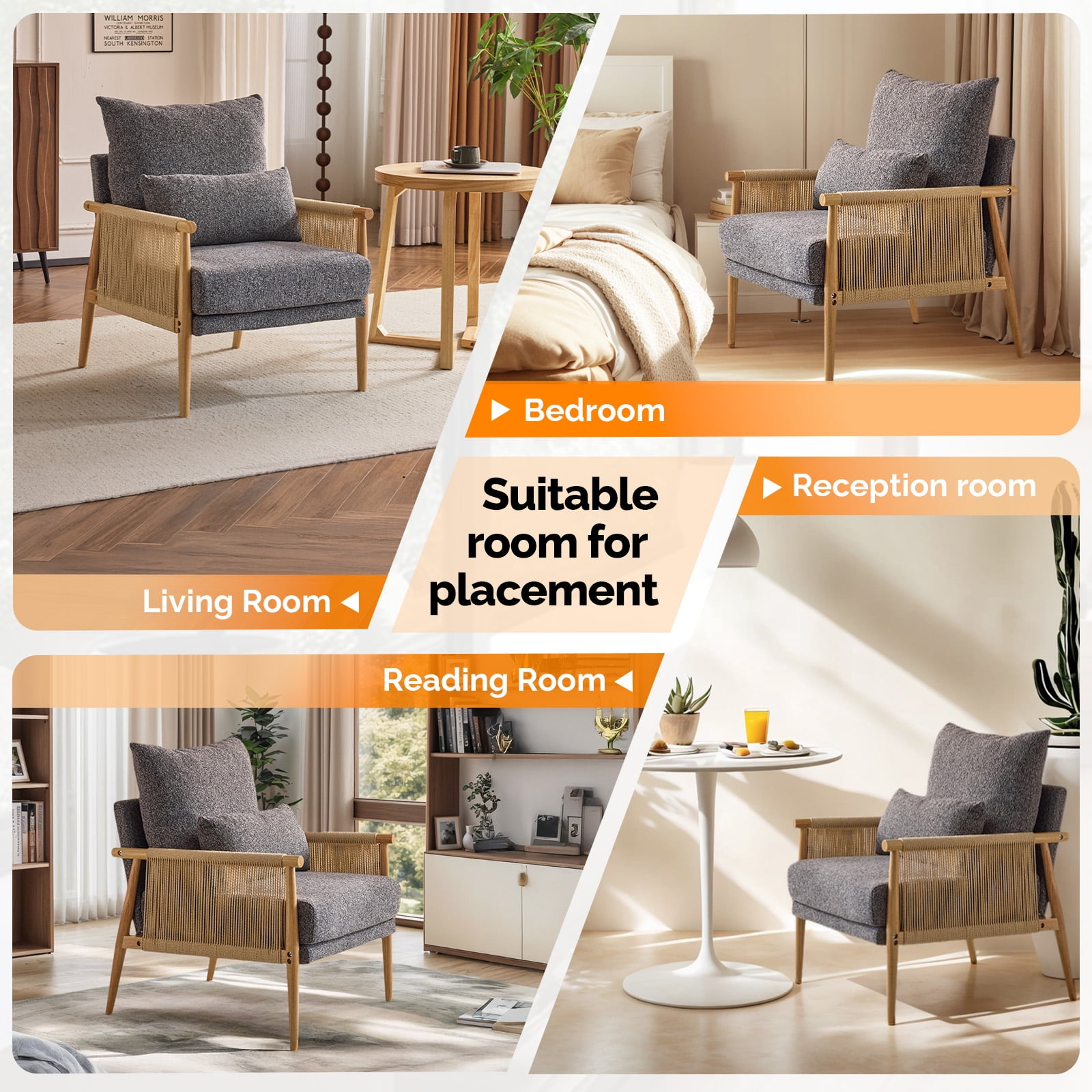 Ktaxon Accent Chair, Solid Wood and Jute Rope Armrests Armchair, Single sofa with Lumbar Pillow for Living Room Bedroom Office Dark Gray