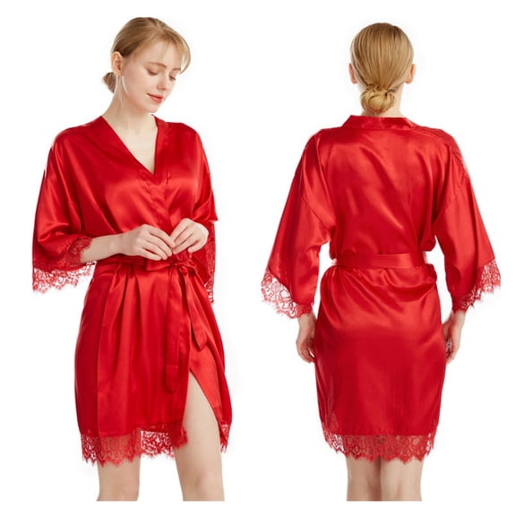 LYMAYTER Women Silk Robe Short Lace Trim Satin Kimono 3/4 Sleeve Bride Comfy for Sleepwear Bathrobe S-2XL