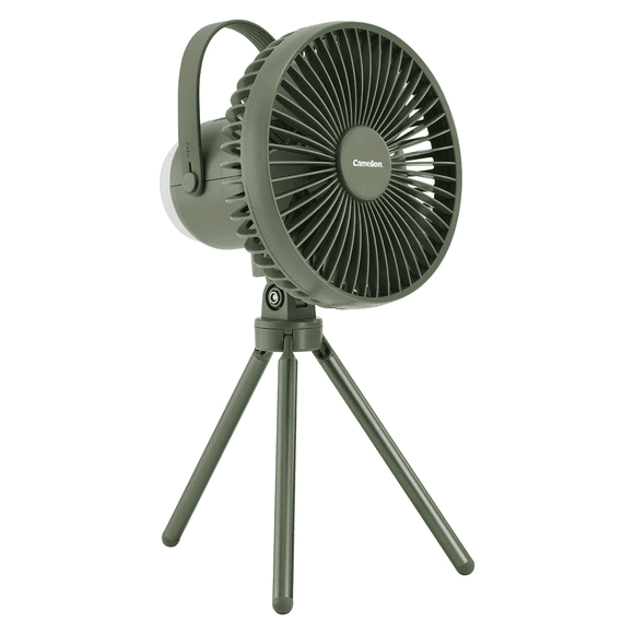 Camelion Rechargeable Camping Fan with LED Light – 2-in-1 Quiet Fan & Dimmable Light, USB & Battery Powered, Tripod Base